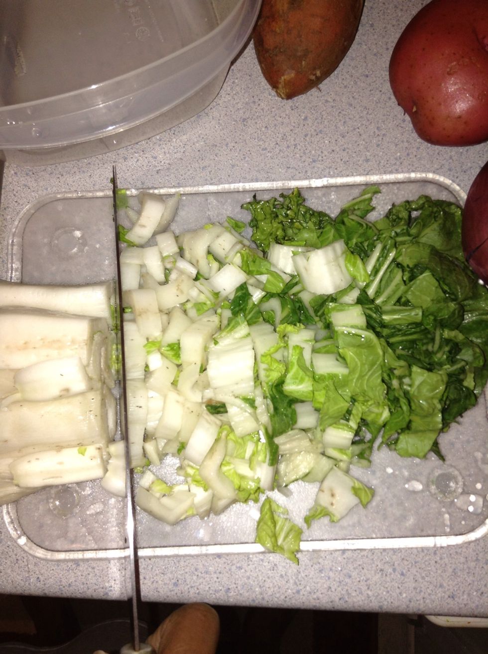 Chop them as chunky or as fine as you like... But chop all the way to the end of the stalks but discard the ends.. Put into a bowl and set aside.