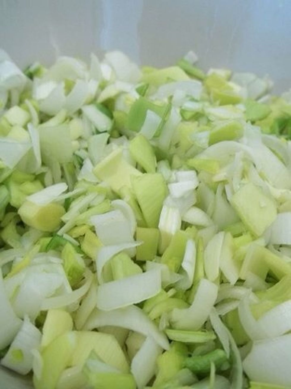 Chop them up pretty fine, then place in a bowl of cold water then allow to set for 10 minutes to help get any dirt that may be stuck on the leek.