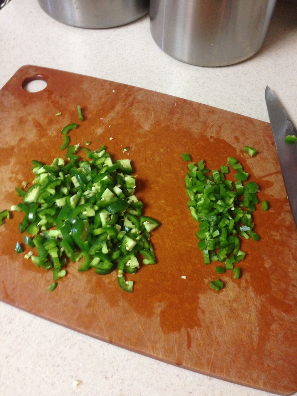 Chop two of the jalape\u00f1os into a small dice with the seeds and one without seeds. (If you want the spice on the mild side remove seeds from two or all three peppers and rinse under water before)