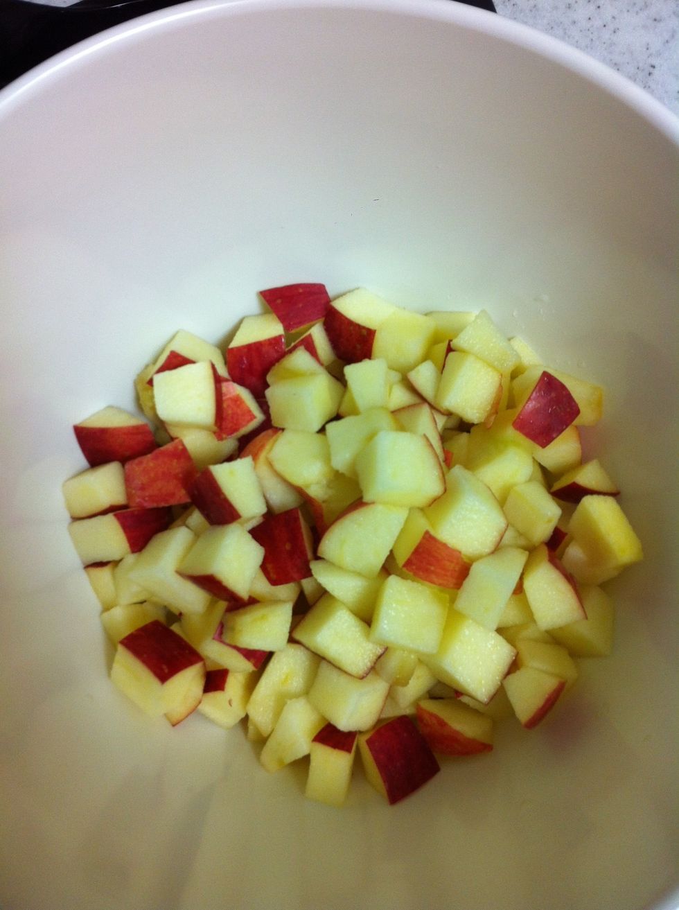 Chop up 2 apples into small pieces. Option: you can peel the apples first . I did one peeled and one unpeeled.