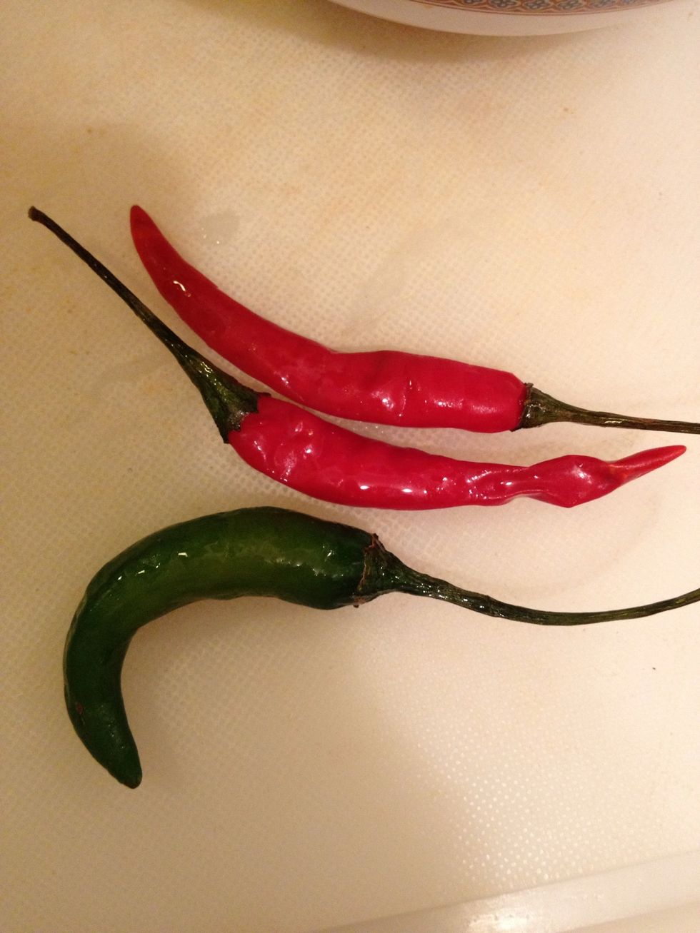 Chop up 3 thai chiles. These were frozen but still good.