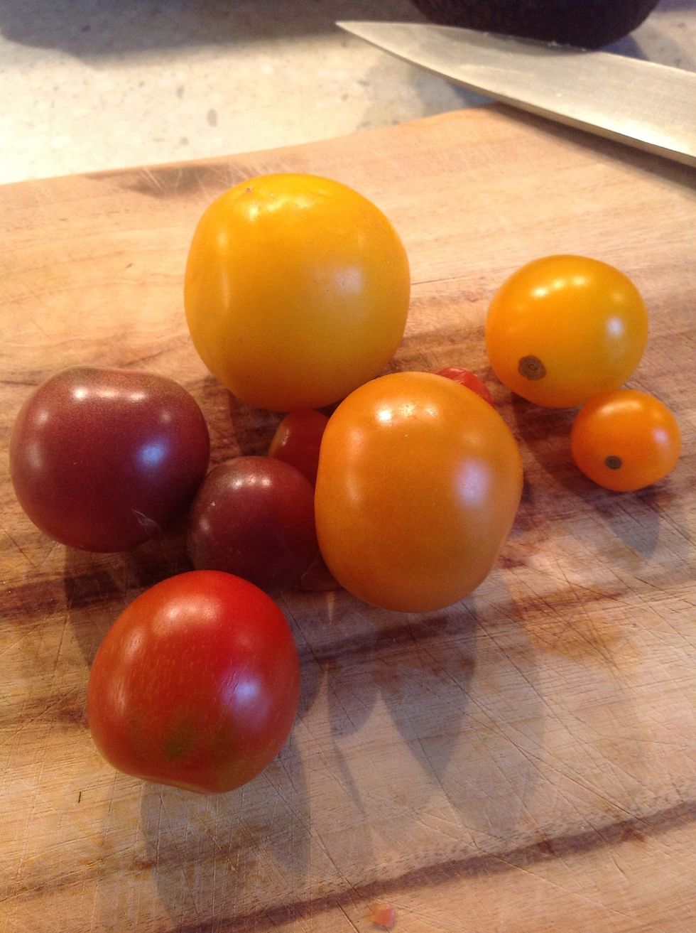 Chop up a variety of tomatoes.  These are from Withrow Farmer's market.  The first of the season tend to be soft...this is a great way to use them up!