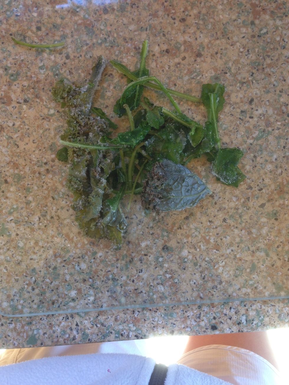 chop up about a half cup of greens. I used frozen kale and arugula.