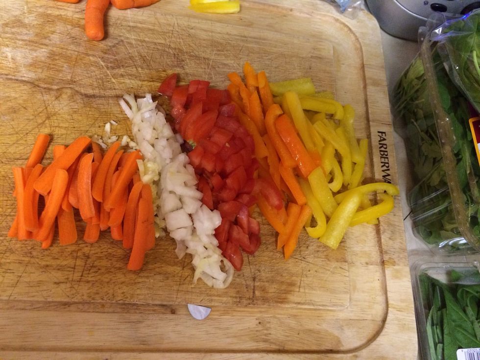 Chop up all the veggies , we'll throw in the spinach last min \ud83d\ude09