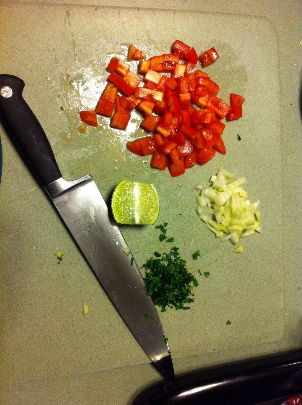 Chop up all your ingredients. The amounts and size of your dice depends on your personal taste preference.