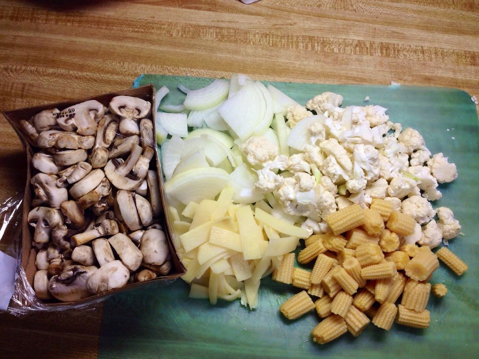 Chop up all your veggies. You don't have to use what I have. You can use carrots, bell pepper, tomatoes, whatever you like really. These are just my favorites.