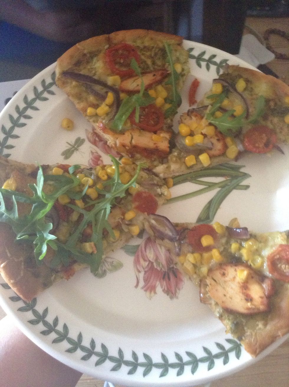 Chop up and voila!! Enjoy! Yummy scrummy delicious pizza! I put loads of garlic on it and it tastes great! Definitely scare the vampires away now!!