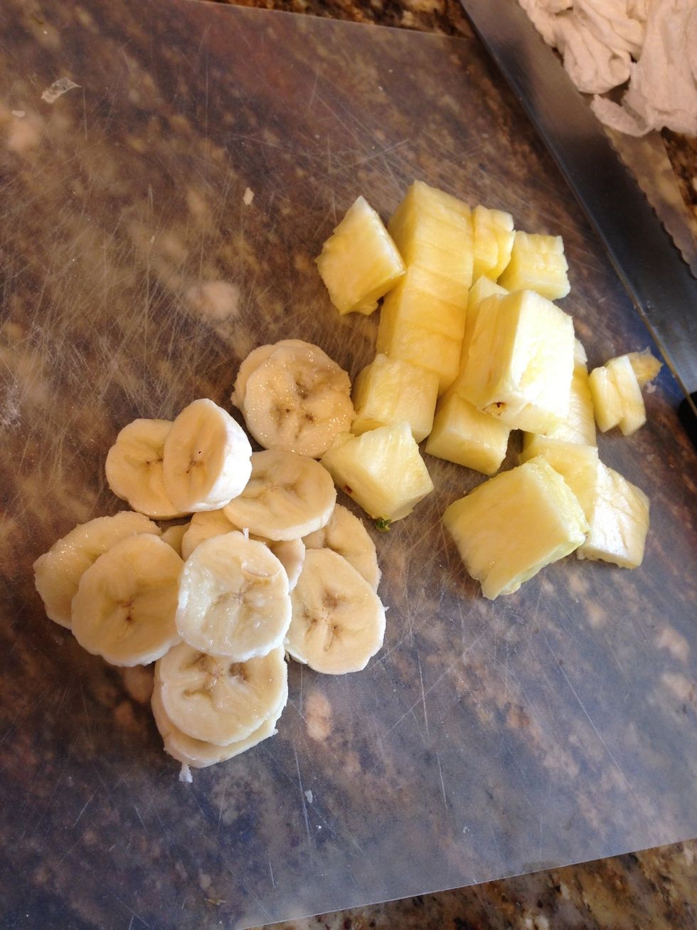 Chop up any kind of fruit you want to put in the cookie cups ! (I'm putting bananas & pineapple)