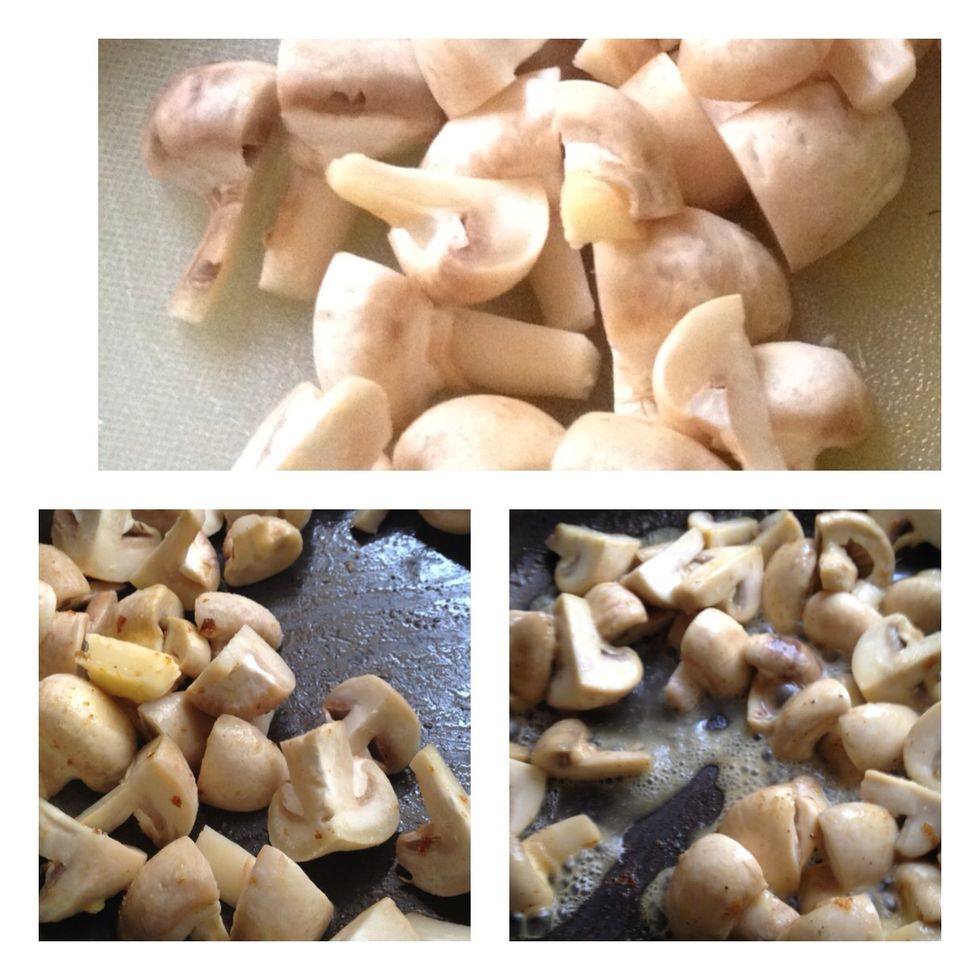 Chop up button mushrooms to a quarter and brown them up in the buttered hot pan. In a couple minutes u will notice the mushrooms will get a bit saucy due to the moisture in the mushroom and the butter