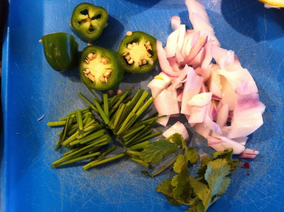 Chop up chives, celatro, onion, and jalepeno