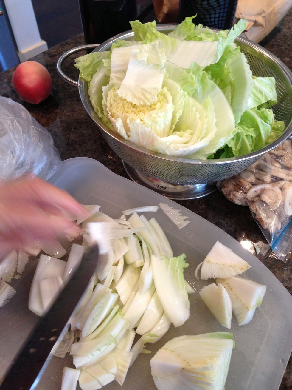 Chop up entire head of napa. Put hard pieces on top so they get cooked first. When those are done add the rest.