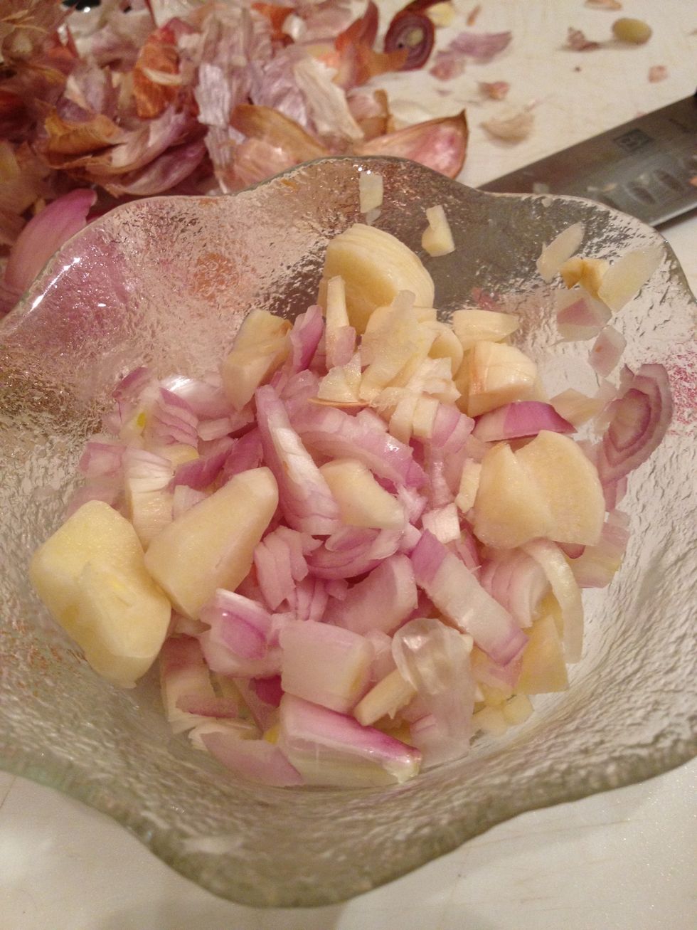 Chop up Garlic and Shallots. They can be chopped fine or just rustic and chunky. Your call.