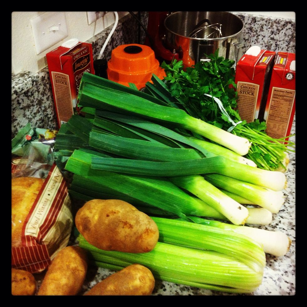Chop up leeks, potatoes, celery. It's all going to be blended, so precision isn't super important, but you want things to cook evenly.