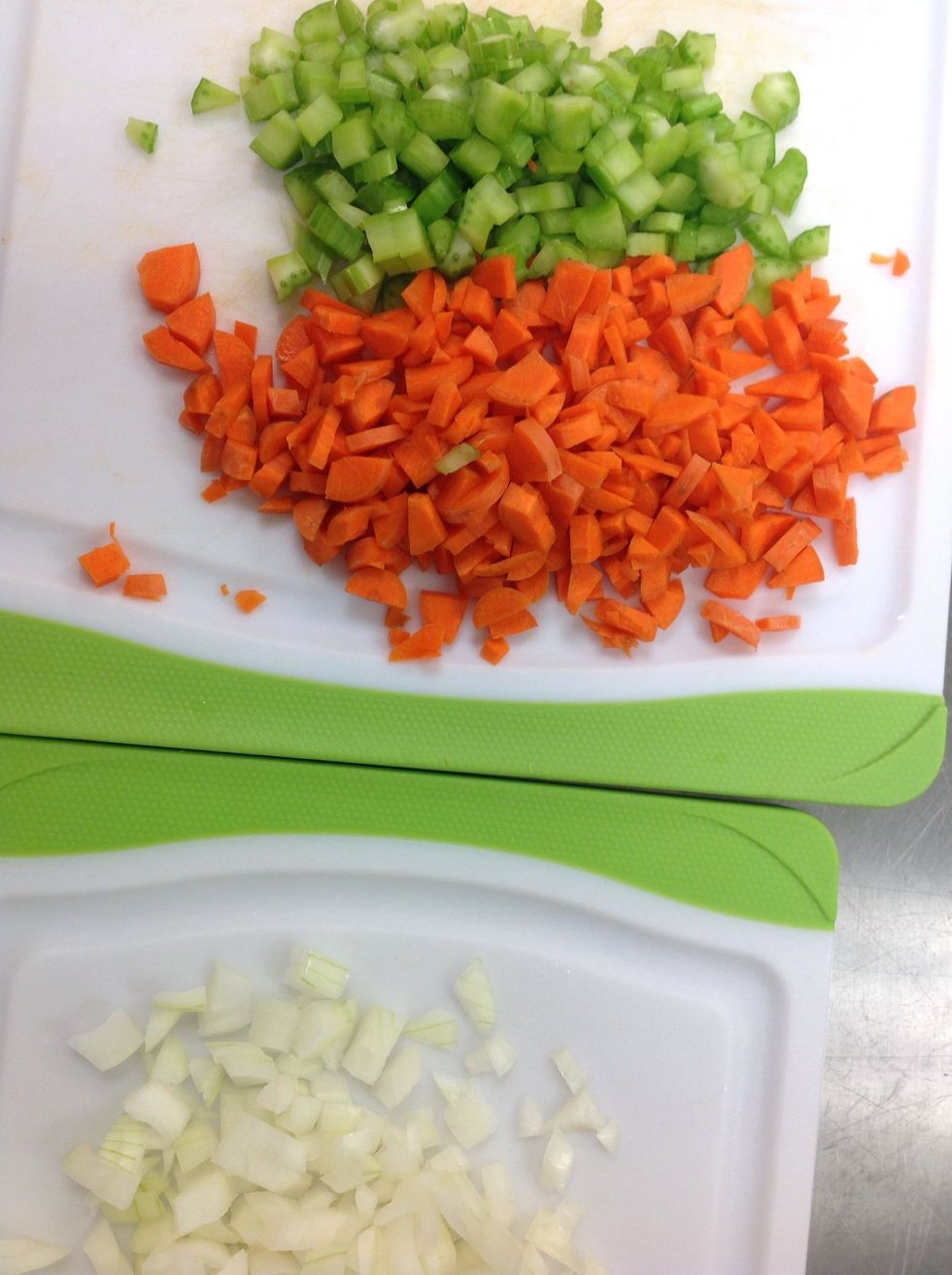 Chop up mirepoix to make start of the soup.