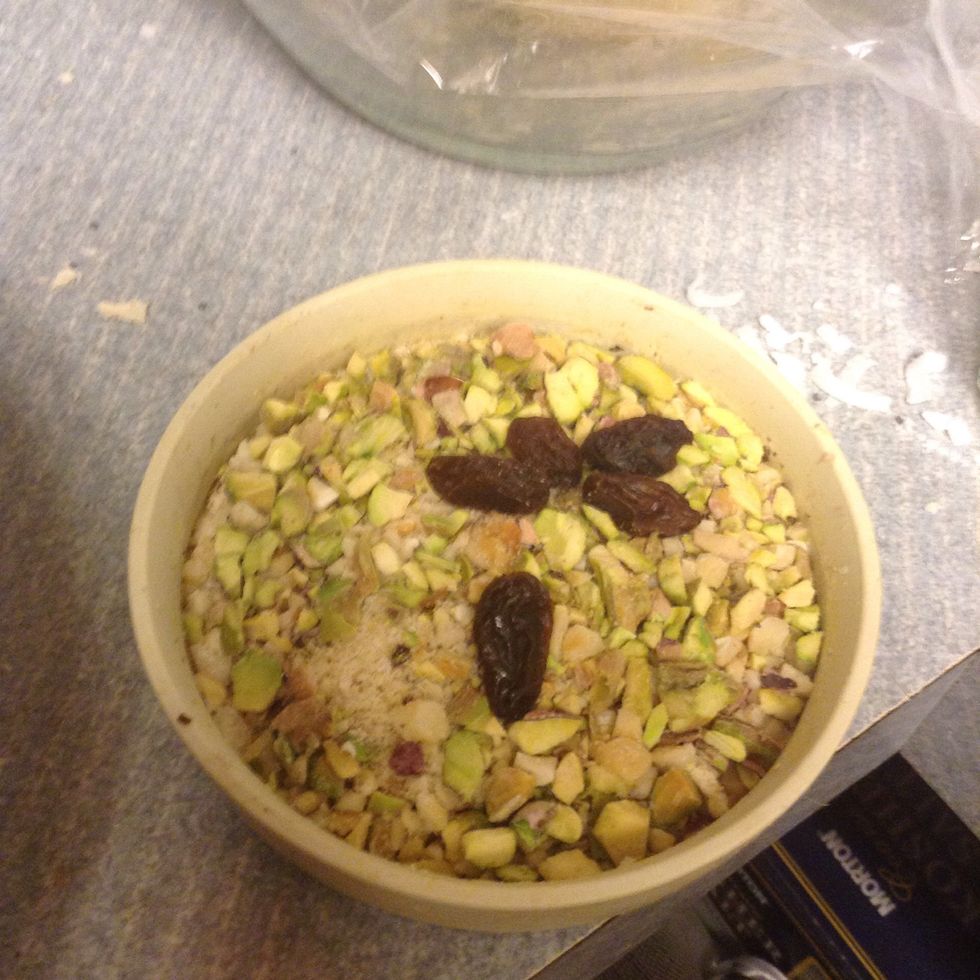 Chop up nuts and a few raisins, if you want. Pistachios, almonds and cashews are really good in these, but you can use what ever you like.