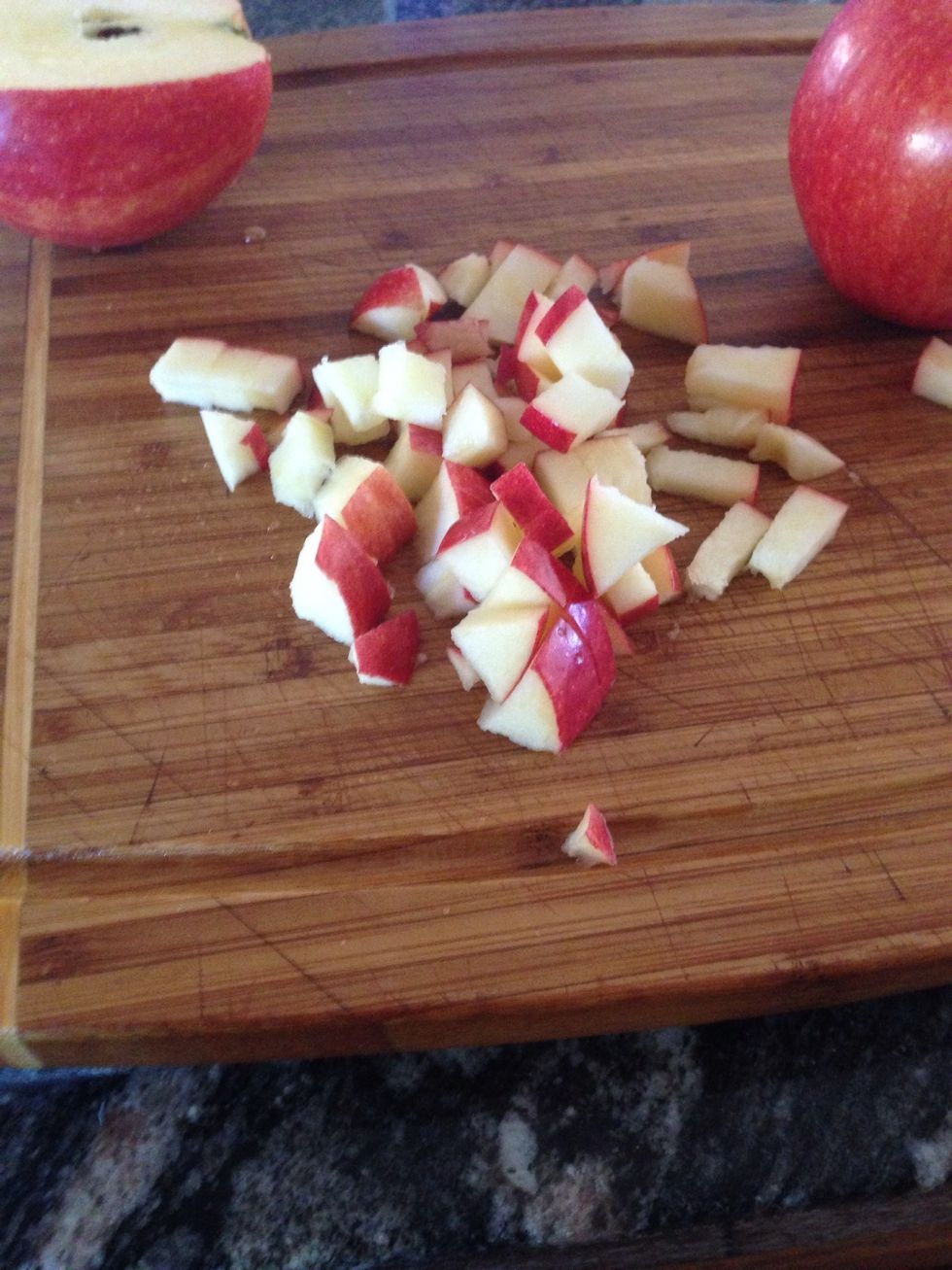 Chop up the apples into small pieces. Don't be afraid to add different sized chunks for different texture. I usually add a variety of different fruit.