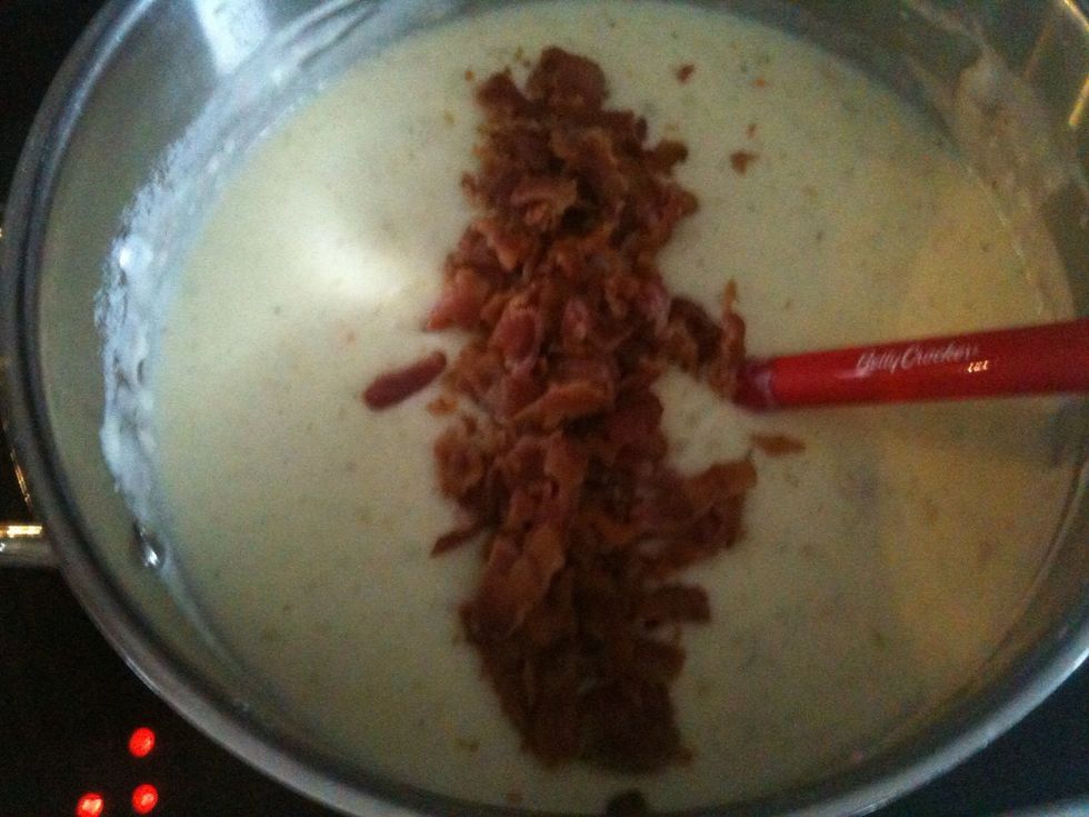 Chop up the bacon and add to soup. Add pepper to taste. You can also put in cubes of ham instead. Grated cheese can be added also.