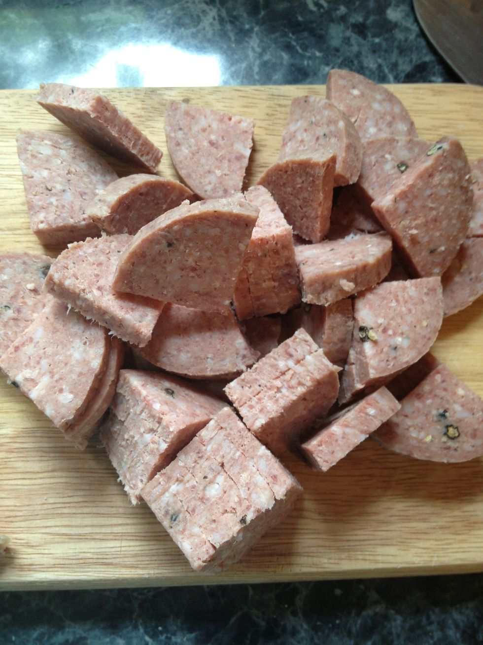 Chop up the dominican salami. Use as much as you want. I used 1/2 of the salami. Set aside