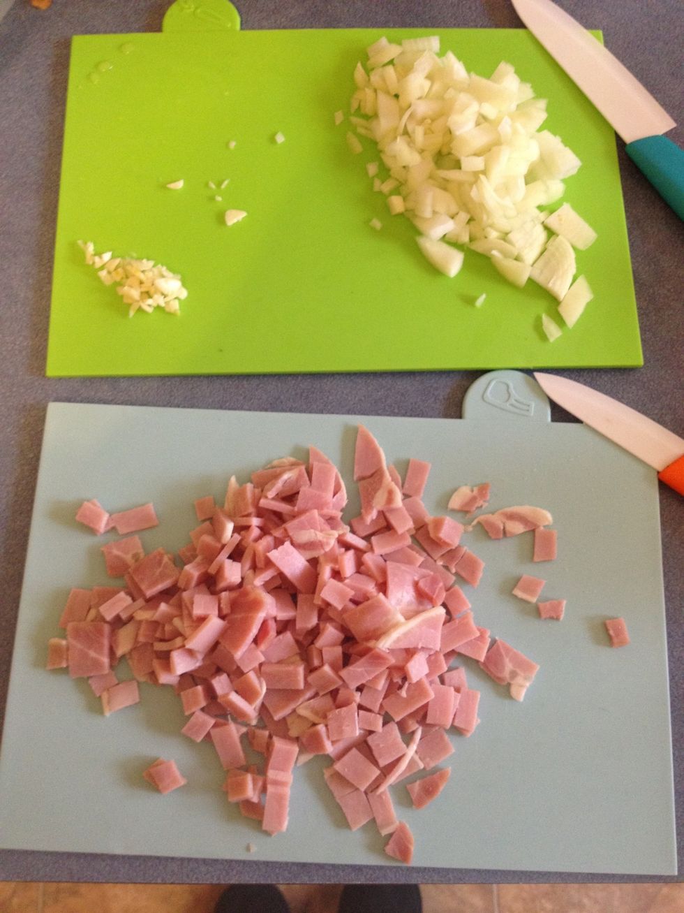 Chop up the onion, garlic and bacon. Some people like to crush the garlic, it's up to you. I like chopping it. You can use more/less bacon. A lot of the ingredients in this are subjective.