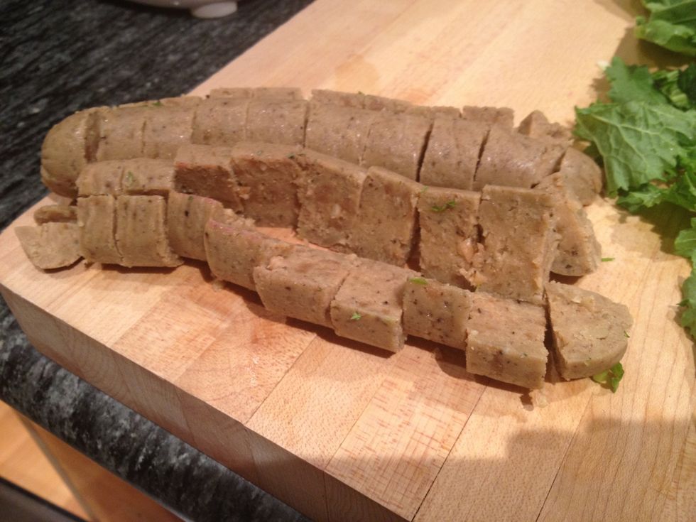 Chop up the vegan sausage into half moons. I really like the Field Roast Smoked Apple Sage sausage in this soup.