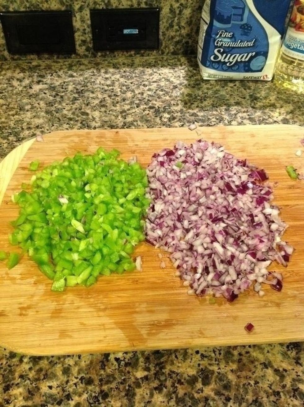 Chop up the your red onion and green pepper. This took me way longer than it should have. Hopefully your knife skills are better.