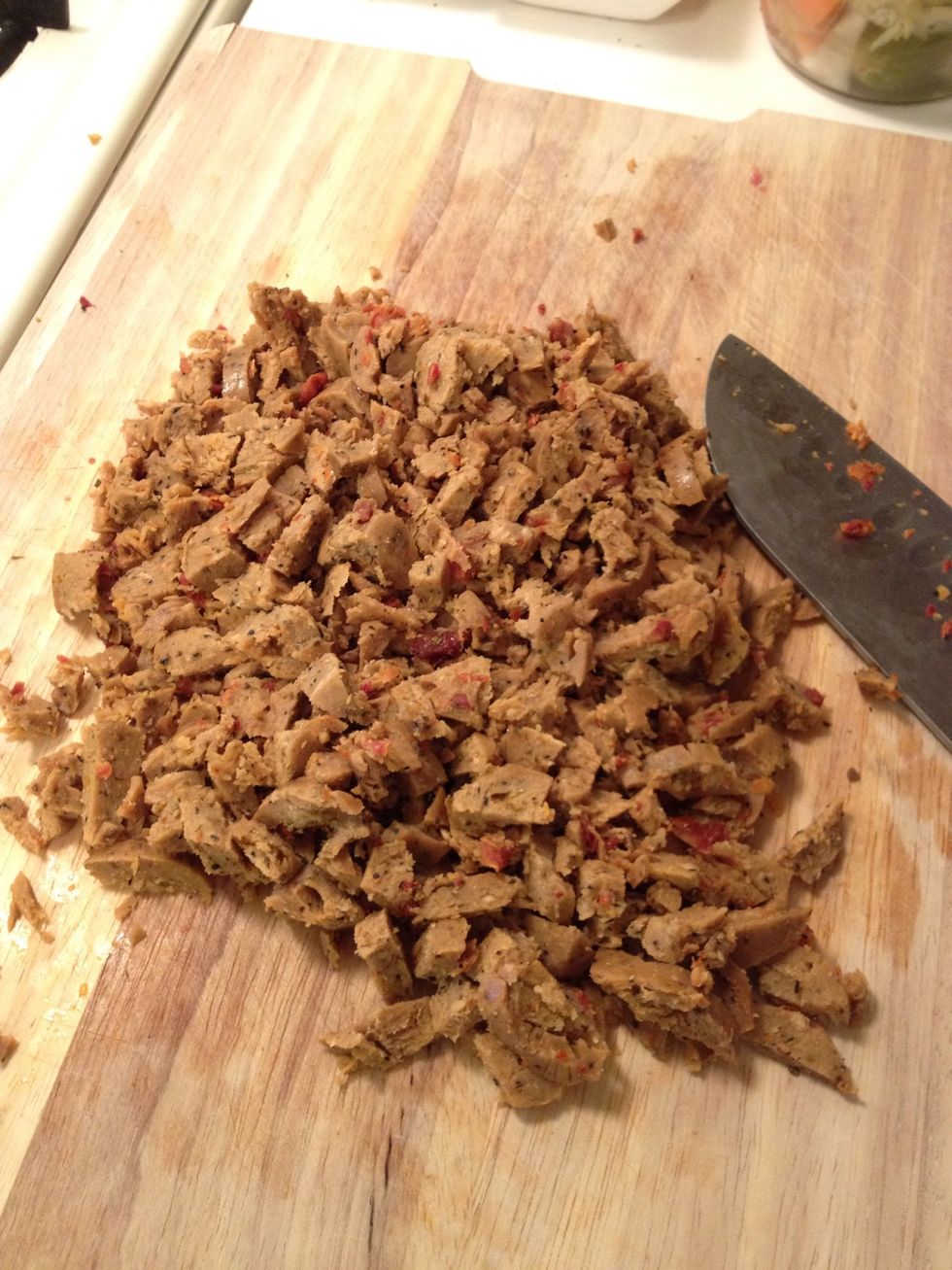 Chop up two links of the Tofurkey sausage into chunks...