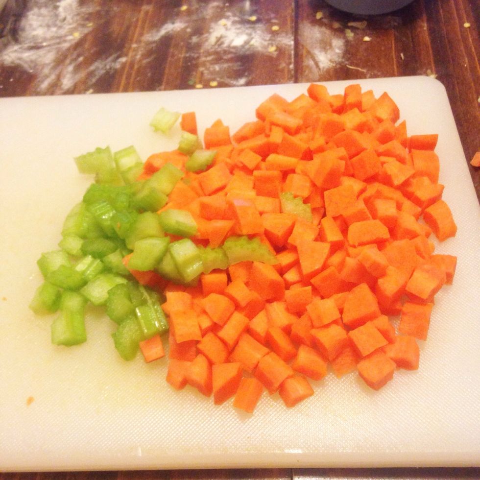 Chop up your carrots, celery, and onion, keeping the onion separate.