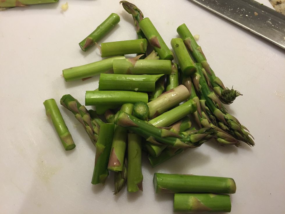 Chop up your clean asparagus, about 10-12 stalks depending on how much you want.