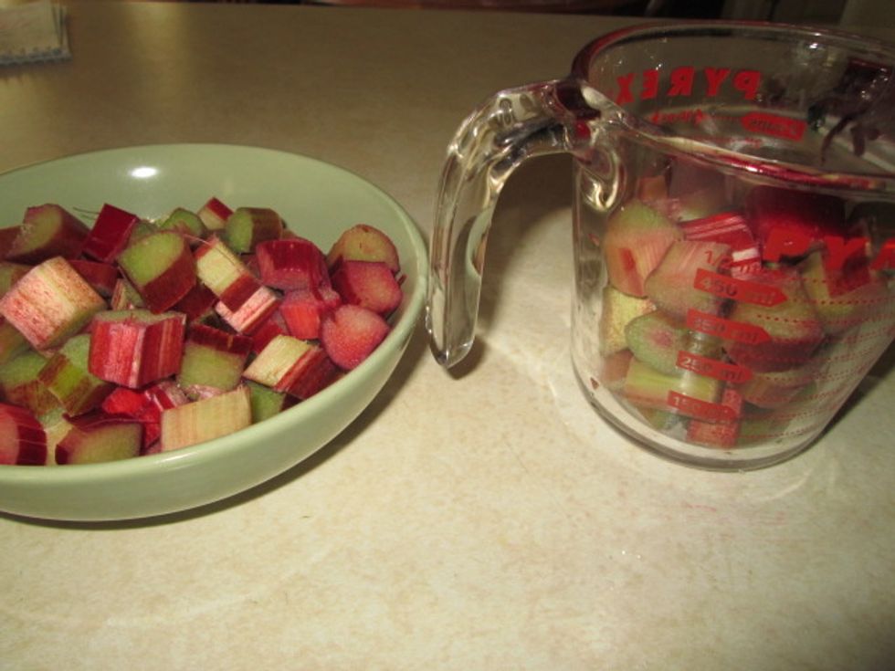 Chop up your rhubarb until you have 4 cups of chopped rhubarb. I used about 4 stalks.