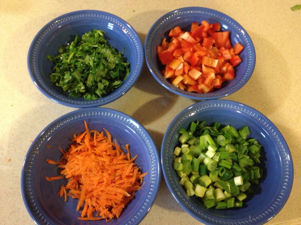 Chop your cilantro, pepper, and scallions. Grate or julienne your carrot.
