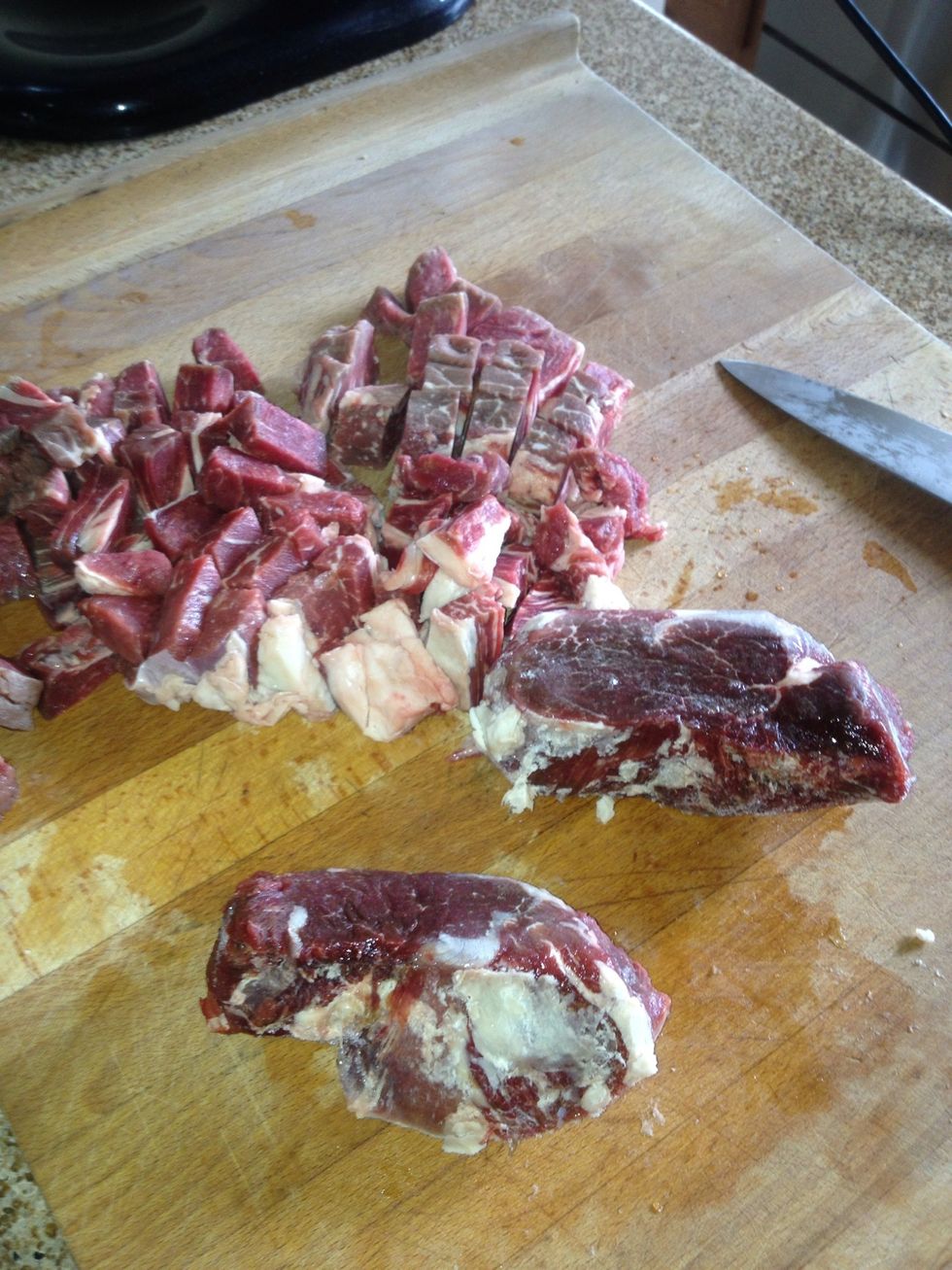 Chop your meat into small pieces. This is a mixture of filet and ribeye