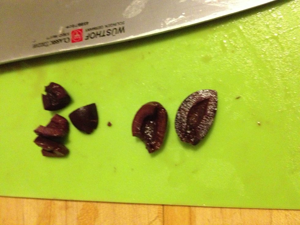 Chop your olives the same size as your vegetables. I usually only chop them in half because I like a larger olive.