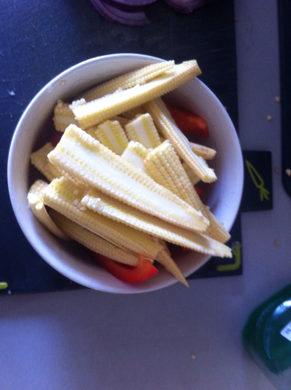 Chop your other vegetables. I used baby corn and a red bell pepper. Carrots are nice too.