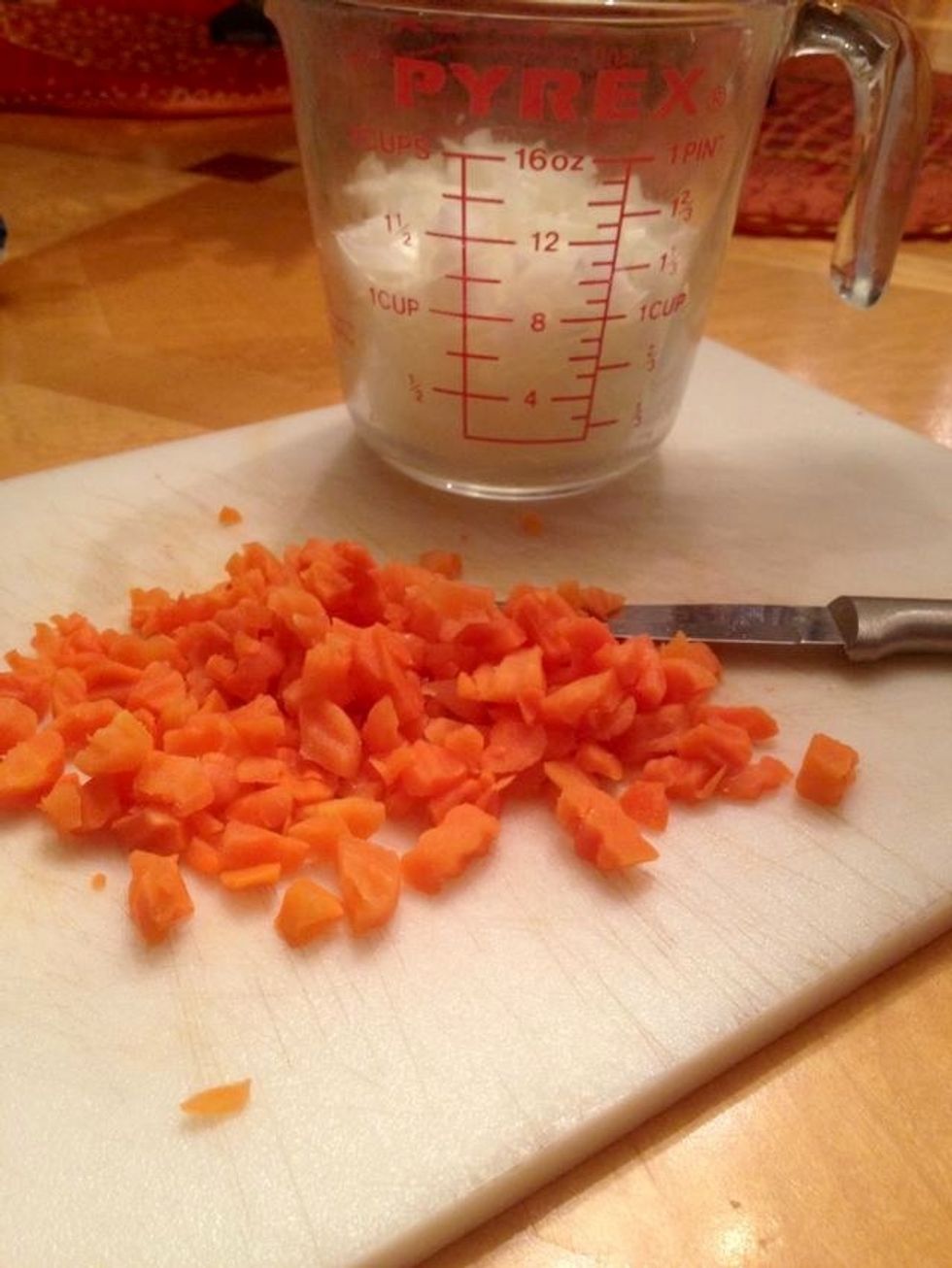 Chop your veggies into small pieces & set aside. Most of the work for this is the preparation before you actually make your fried rice.