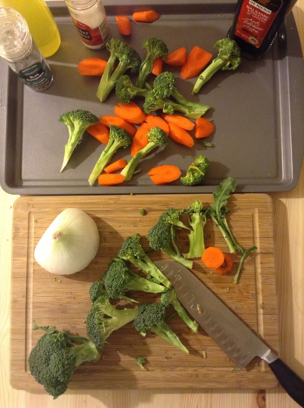 Chop your veggies whichever way you'd like. I just roughly chopped them into similar sizes for even cooking. Place them on your sheet pan.