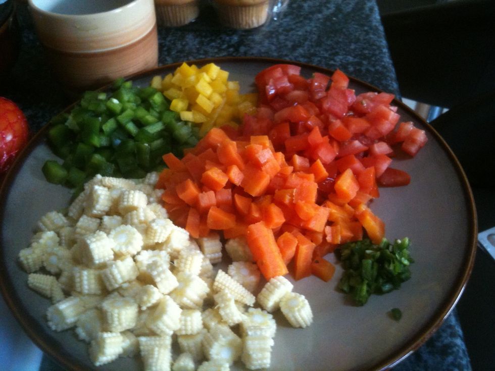 Chopped baby corn, partly boiled carrots, green chili, green, red & yellow peppers & Peas