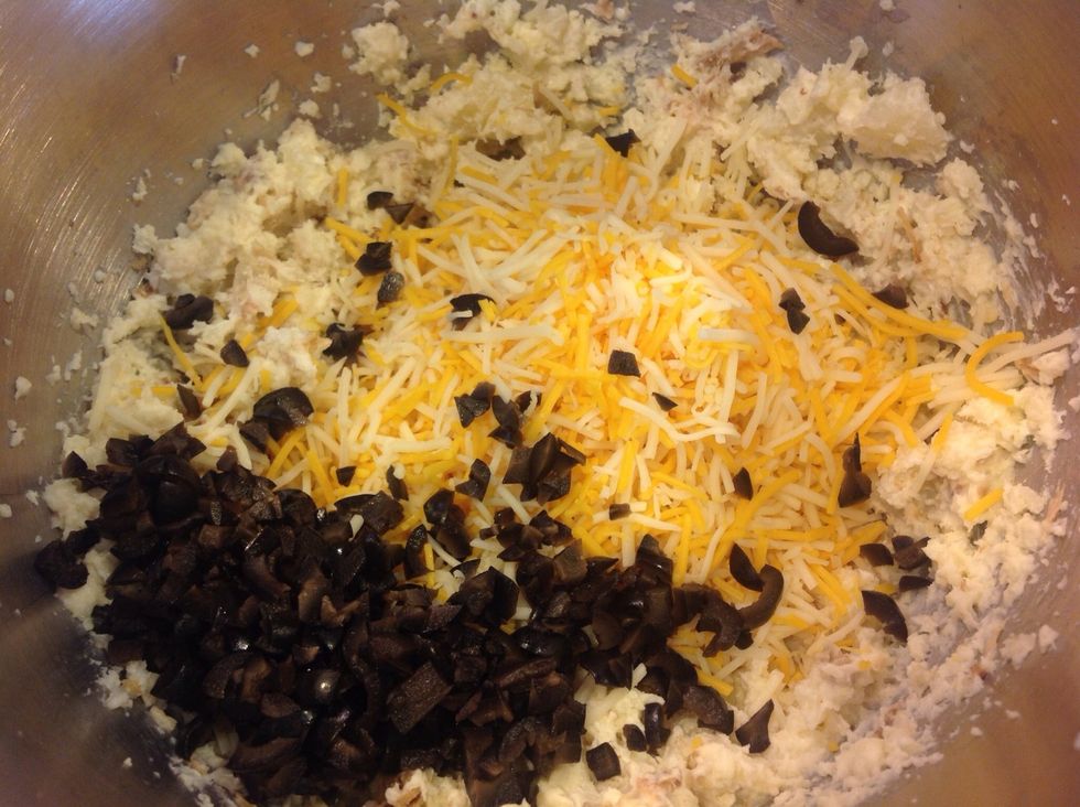 Chopped black olives, one cup shredded cheese. Mix all together.