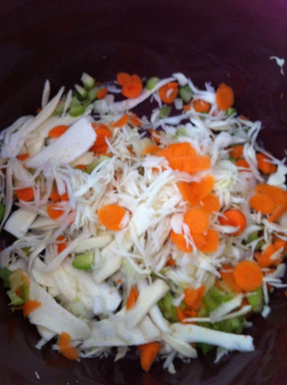 Chopped/diced or shredded veggies on hand to make 3 cups. (Here is cabbage, carrots, celery, parsnip, potatoes, onion).