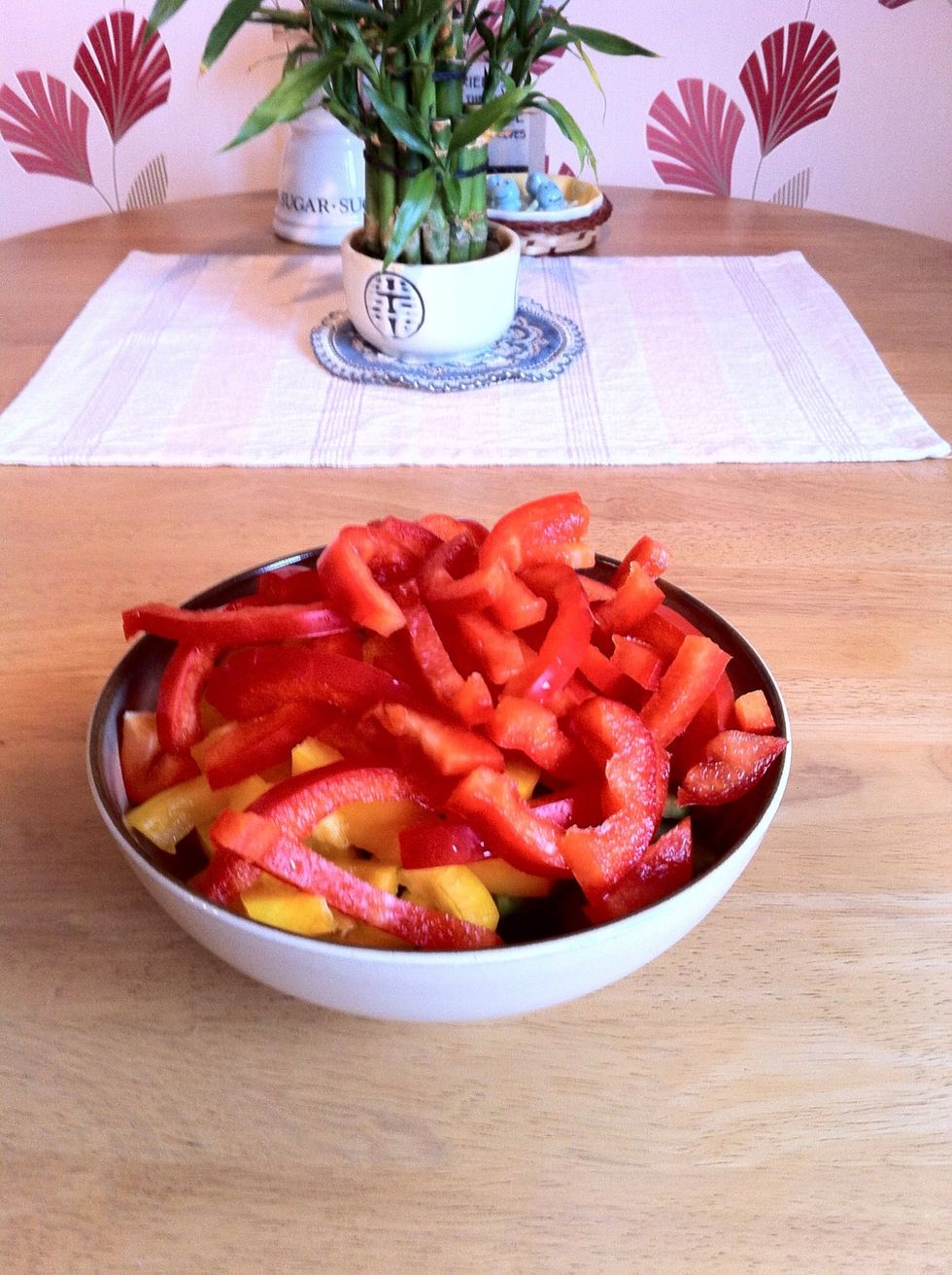 Chopped mixed bell peppers.