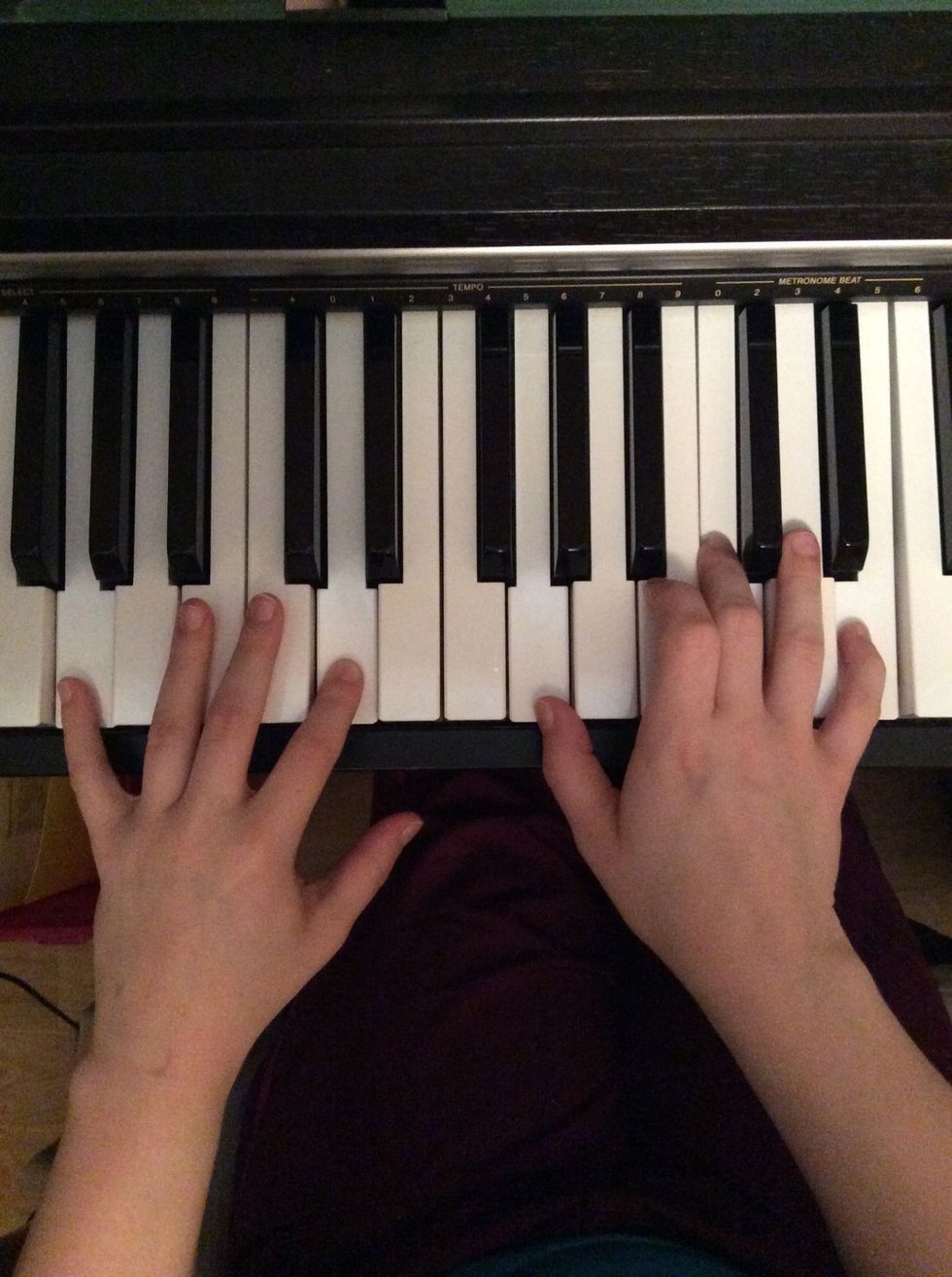Chord C/ G. Left hand ( G and D) Right hand ( G, C, E).