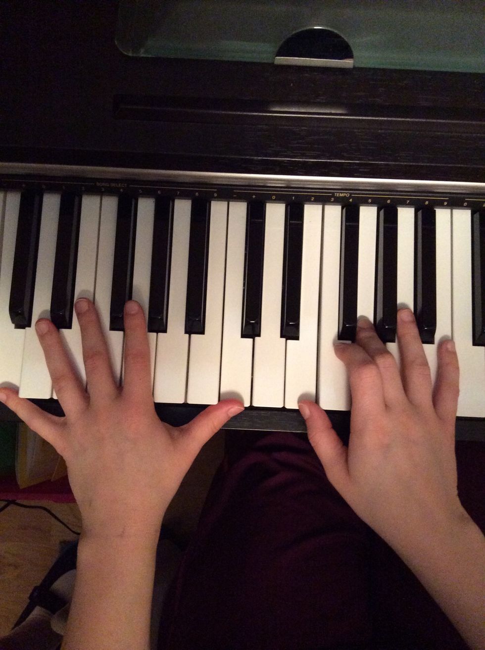 Chord C major. Left hand (oct. C) Right hand (E and G)