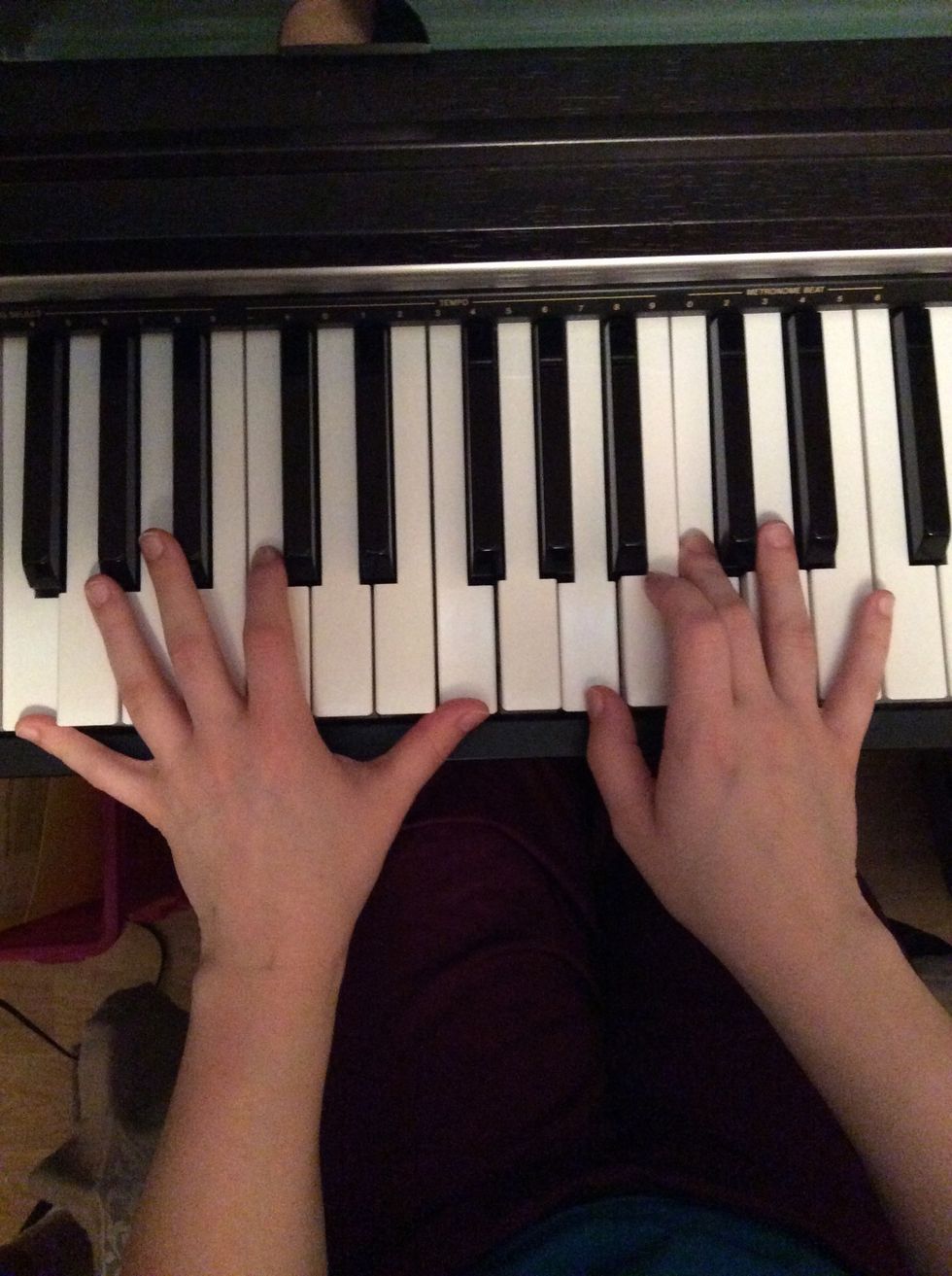Chord F major. Left hand ( oct. F) Right hand ( A and C)
