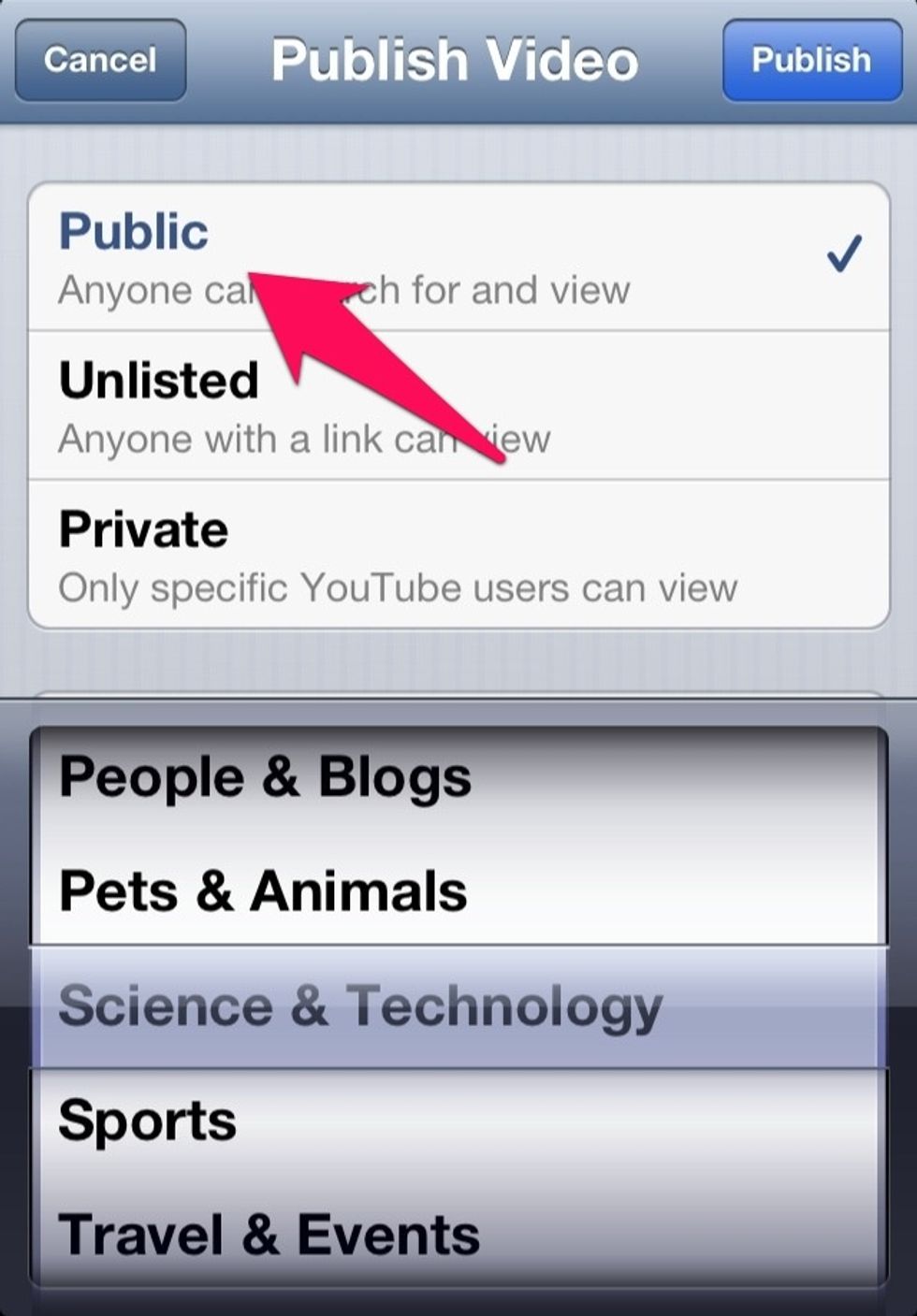 Chose of you want the video 'Public' or otherwise and then click 'Publish' on the top right corner