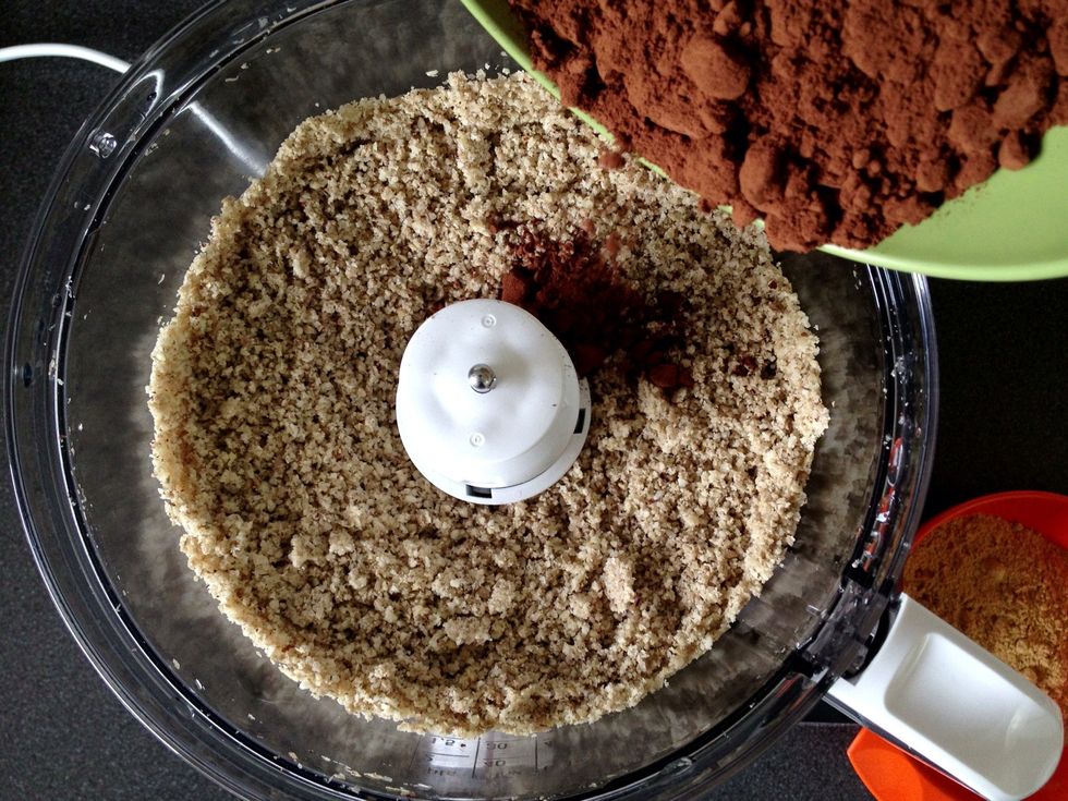 Chuck in the cocoa / cacao powder. I used standard cocoa powder because that's what I had. Apparently cacao is better for you as it's not cooked like cocoa powder. But I'm on a ban so I don't know.