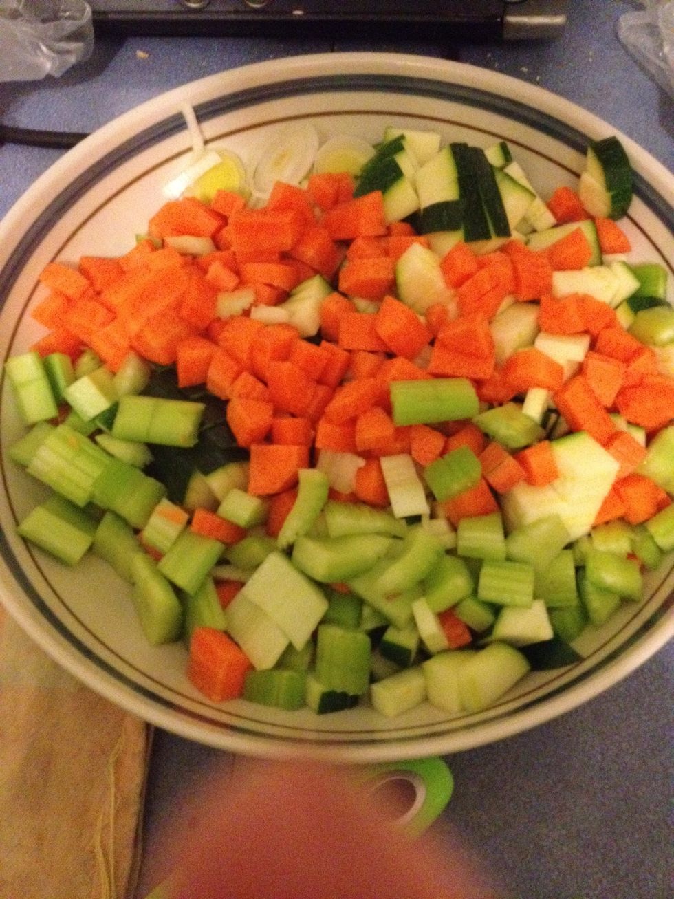 Chuck the veggies into one big bowl.