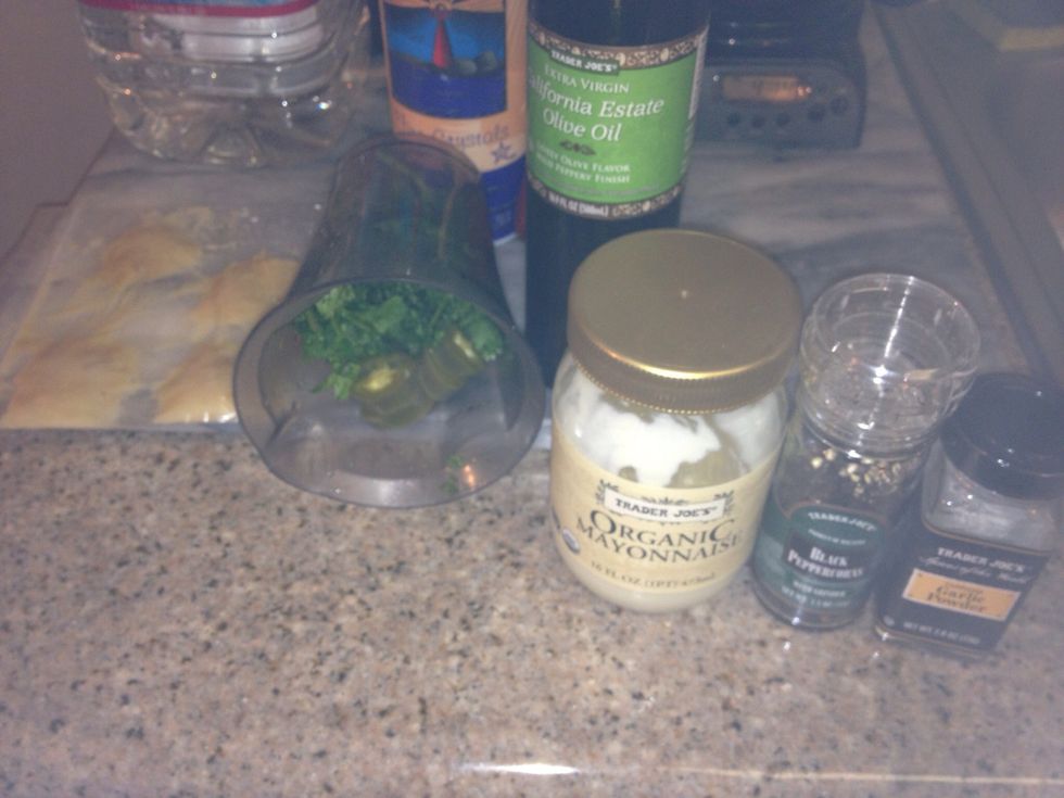 Cilantro Garlic Aoli:  stems of one bunch cilantro, 1/4 cup mayo,  12 rings pickled jalepenos, 1 tsp  ginger, \u00bc tsp salt, 1/4 tsp pepper, 1 tsp EVOO, 1 tbsp roasted garlic.