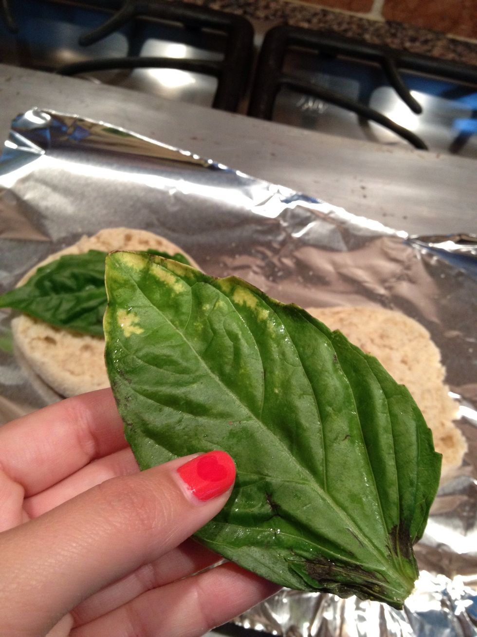 Clean and pat dry your basil leaves, then place on top of the chicken.