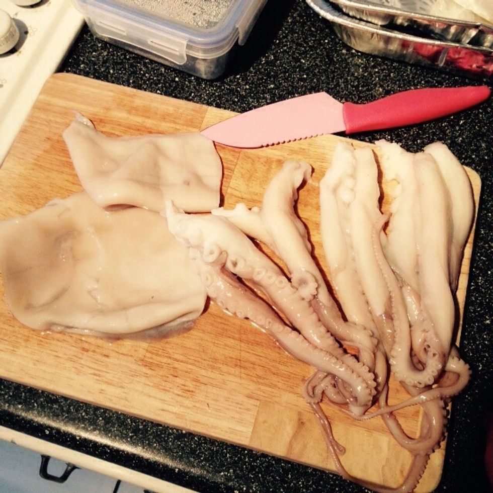 Clean and rinse the octopus, remove or leave the skin. Using something heavy, beat the meat of the octopus. This will make the outcome more tender and leas chewy.