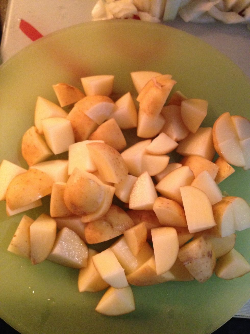 Clean and skin your potatoes, then chop into small cubes. I generally keep the skins on, whatever your preference. The potatoes need to be small enough to cook in the mix, about an inch square at most