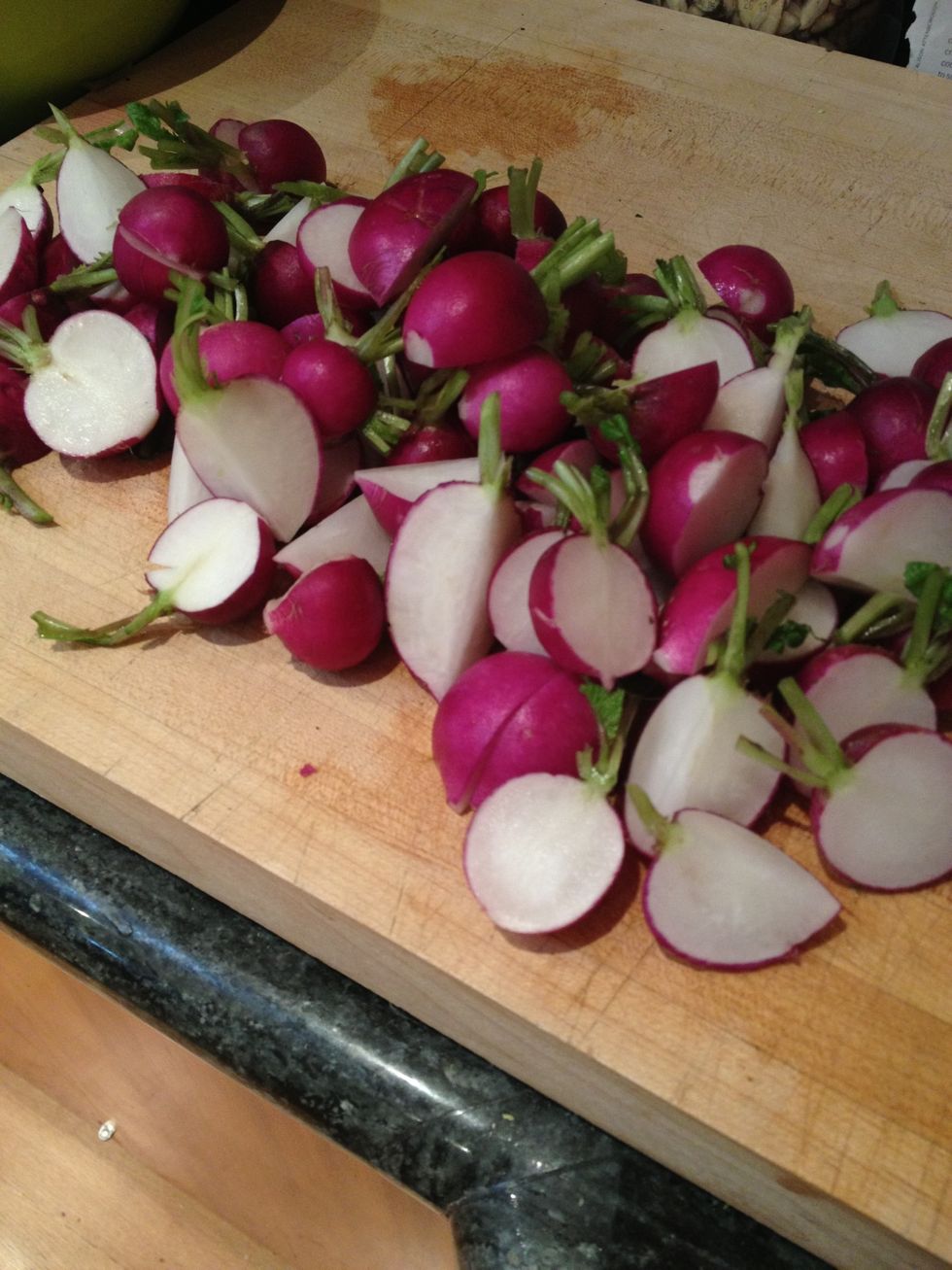 Clean and trim the turnips, keeping 1/2 inch green top still attached. At my local farmers market this morning there were beautiful purple Japanese turnips that I could not resist. They are delicious.